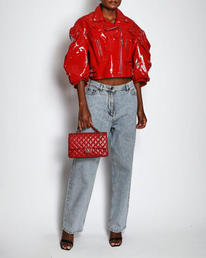 Simone Rocha SS22 Red Bubble Mid Sleeve Patent Leather Jacket with Ruffle Pockets and Buckle Details Size UK 12 RRP £2,200
