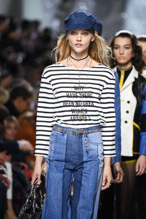 Christian Dior SS/18 Black and White Striped Long-Sleeved Top with Why Have There Been No Great Women Artists? Print and Back Logo Detail Size L (UK 12)