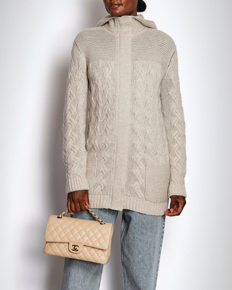 Loro Piana Beige Cashmere Cable Knit Hooded Jumper Size IT 40 (UK 8)