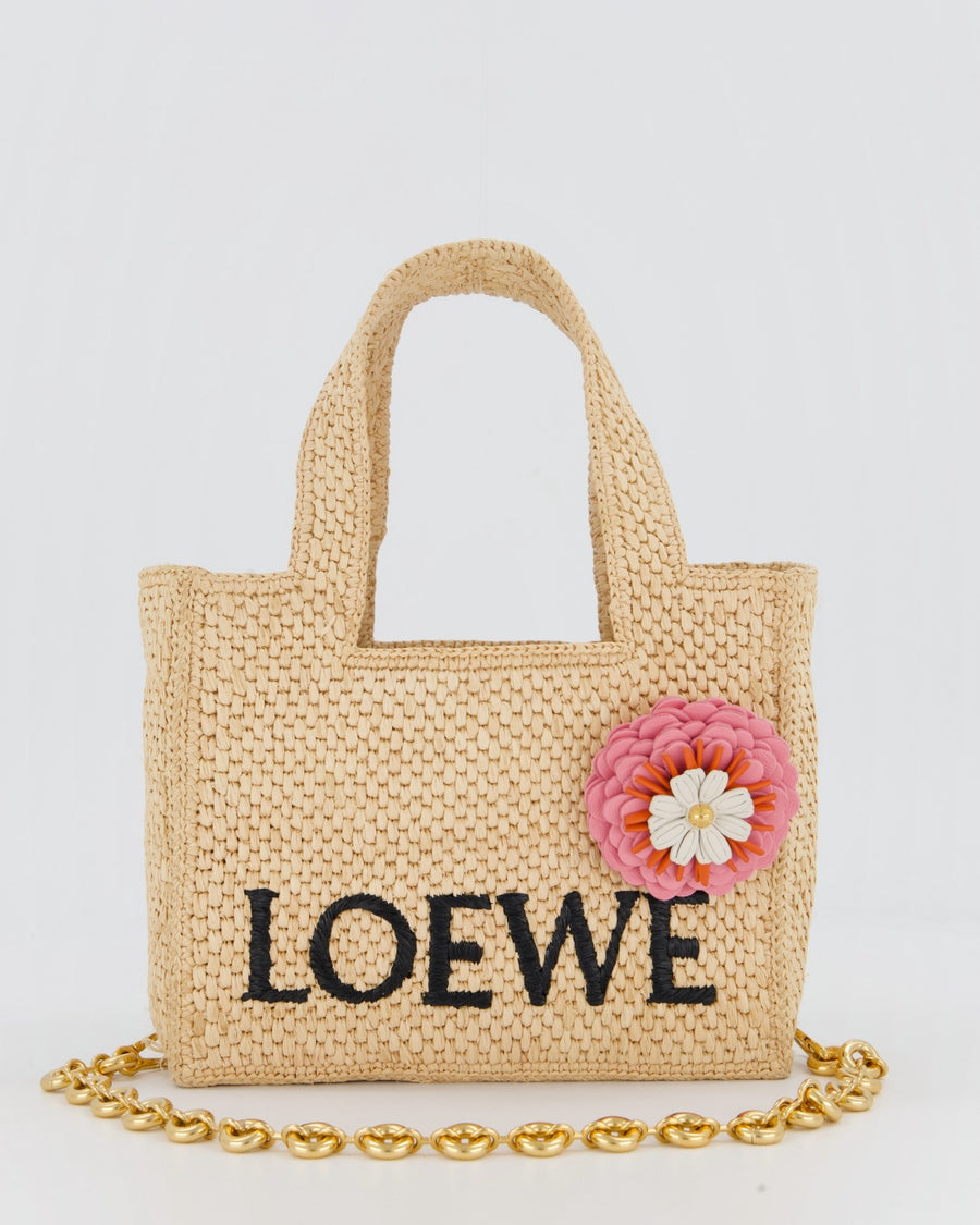 Loewe x Paula's Ibiza Beige Mini Raffia Logo Tote Bag with Pink Flower Detail