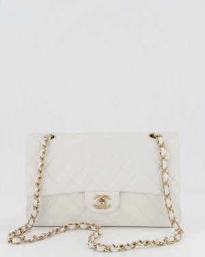 Chanel White Classic Medium Double Flap Bag in Caviar Leather with Champagne Gold Hardware