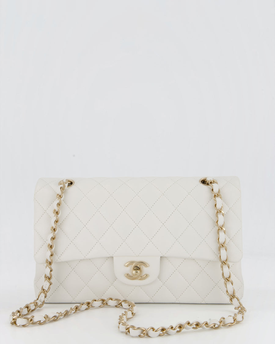 Chanel White Classic Medium Double Flap Bag in Caviar Leather with Champagne Gold Hardware