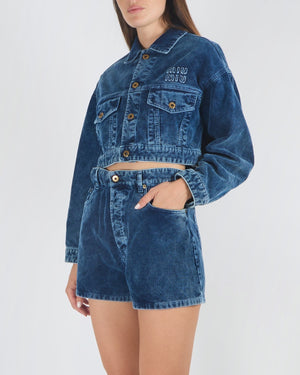 Miu Miu Navy Washed Velvet Cropped Jacket and Mini High-Waisted Shorts Sett with Embroided Logo Detail Size IT 36/38 (UK 4/6) RRP £2,950