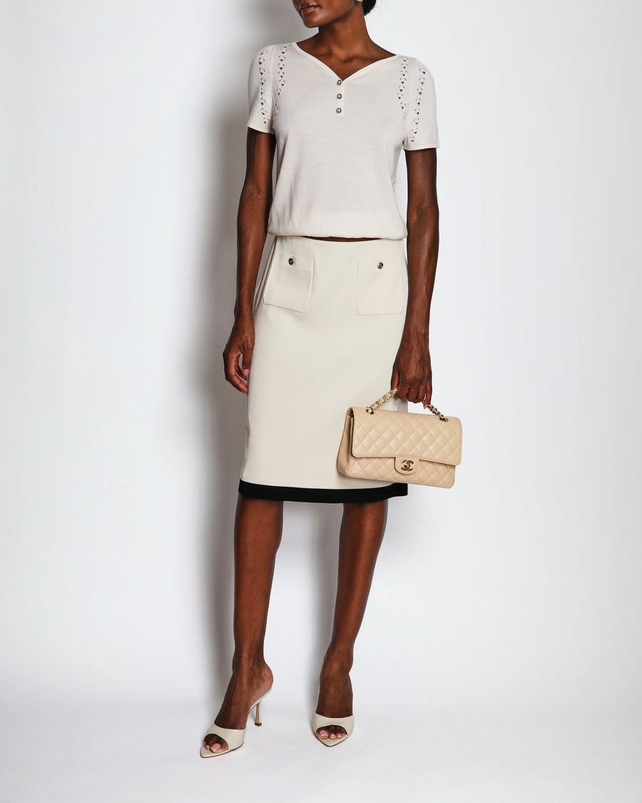 Chanel 20/A Métiers D'Art Ivory Ribbed Midi Skirt with CC Pocket and Trim Detail Size FR 40 (UK 12)