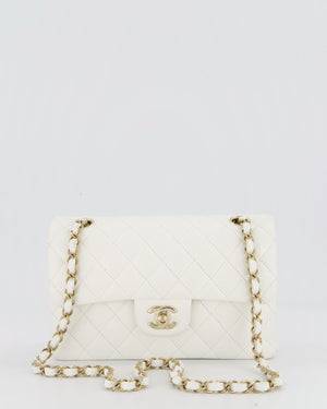 Chanel White Small Classic Double Flap Bag in Caviar Leather with Champagne Gold Hardware