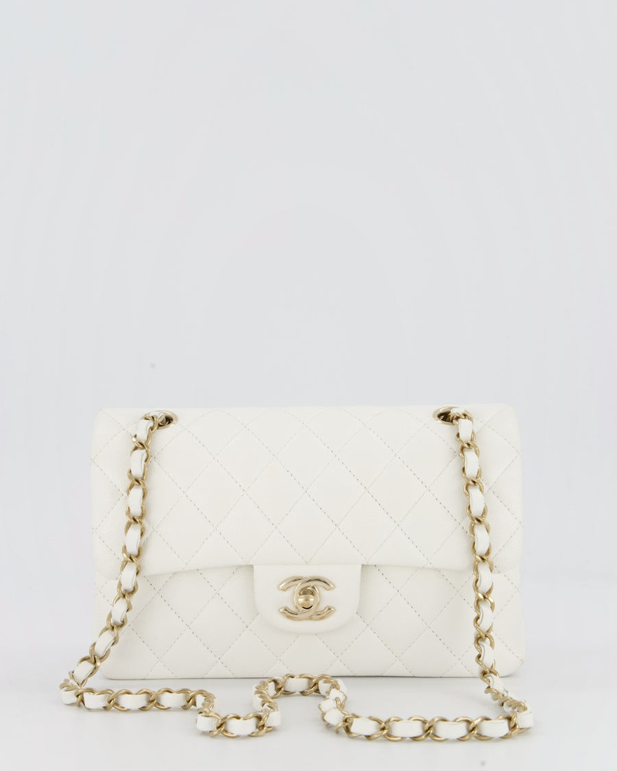 Chanel White Small Classic Double Flap Bag in Caviar Leather with Champagne Gold Hardware