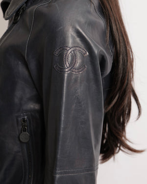 Chanel Navy Calfskin Leather Jacket with Quilted Details and Black CC Logo Buttons Size FR 34 (UK 6)
