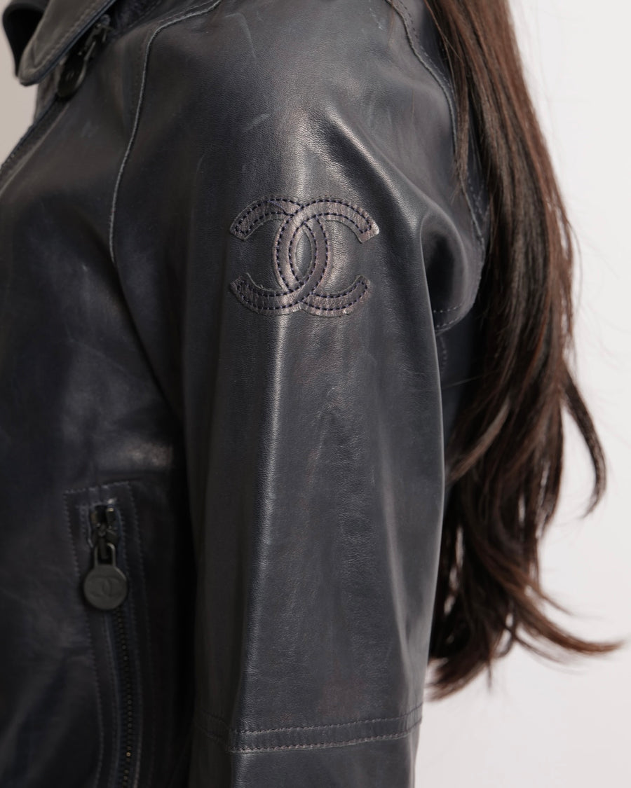 Chanel Navy Calfskin Leather Jacket with Quilted Details and Black CC Logo Buttons Size FR 34 (UK 6)