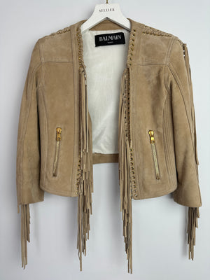 Balmain Camel Beige Suede Jacket with Fringes & Gold Zip Details Size FR 36 (UK 8)