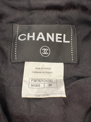 Chanel 10/A Black Collarless Long Sleeve Tweed Jacket with Navy Trim and Silver Button Details Size FR 36 (UK 8)