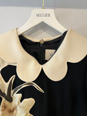 Valentino Black Short Sleeved Mini Dress with Floral Patch Detail and Cream Scalloped Collar Size IT 42 (UK 10)