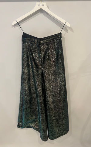Chanel Black Sequins and Green Iridescent Wide Leg Trousers with CC Logo Detail Size FR 34 (UK 6)