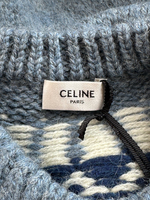 Celine AW22 Light Blue Brushed Fair Isle Wool Oversized Crew Neck Jumper Size M (UK 10)