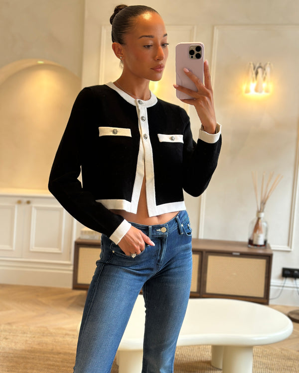 Chanel 24C Black & White Cashmere Long Sleeve Cardigan with CC Buttons Detail Size FR 36 (UK 8) RRP £3200