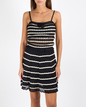 Christian Dior Resort 2011 Black and White Striped Pointelle Knit Tiered Sleeveless Mini Dress with Front Bow Detail Size FR 36 (UK 8)