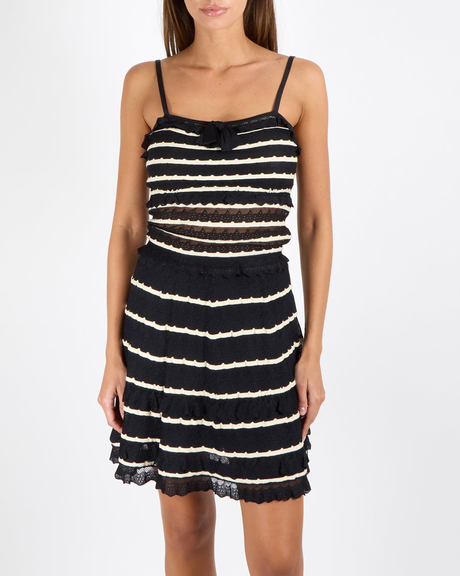 Christian Dior Resort 2011 Black and White Striped Pointelle Knit Tiered Sleeveless Mini Dress with Front Bow Detail Size FR 36 (UK 8)
