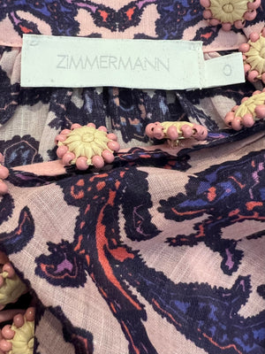 Zimmermann Pink and Purple Ramie Blouse and Linen Shorts Set with Straw Belt and Pink Beaded Buckle Detail Size 0 (UK 8)