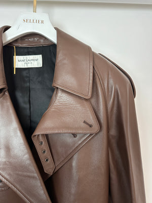 Saint Laurent Chocolate Brown Leather Maxi 'Brun Chene' Belted Trench Coat UK 10