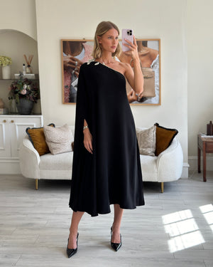 Valentino Garavani Black Embellished One-Shoulder Silk-Cady Dress IT 40 (UK 8)