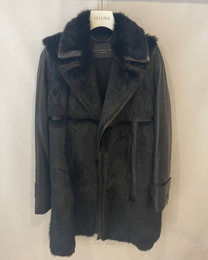 Barbara Bui Black Lambskin Leather and Fur Long Coat Size FR 36 (UK 8) RRP £3,500