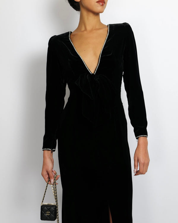 Gucci Black Velours Midi Dress with Bow Detail and Crystal Embellished Trims Size IT 38 (UK 6)