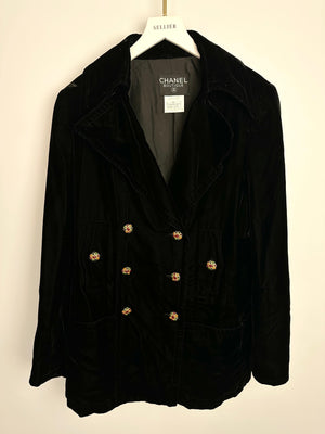 Chanel 96/A Black Double Breasted Velvet Jacket with Gold Gripoix Button Details Size FR 40 (UK 12)