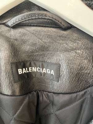 Balenciaga Black Leather Biker Jacket with Logo and Buckle Details Size IT 46 (UK 14) RRP £5,000