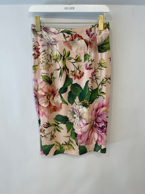 Dolce Gabbana Pink Silk Floral Print Top and Midi Skirt Set Size IT 40 (UK 8)