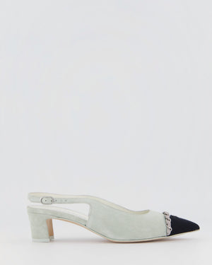 Chanel Grey, Black Suede Pointed Sling Back with Silver CC & Chain Logo Detail Size EU 37C