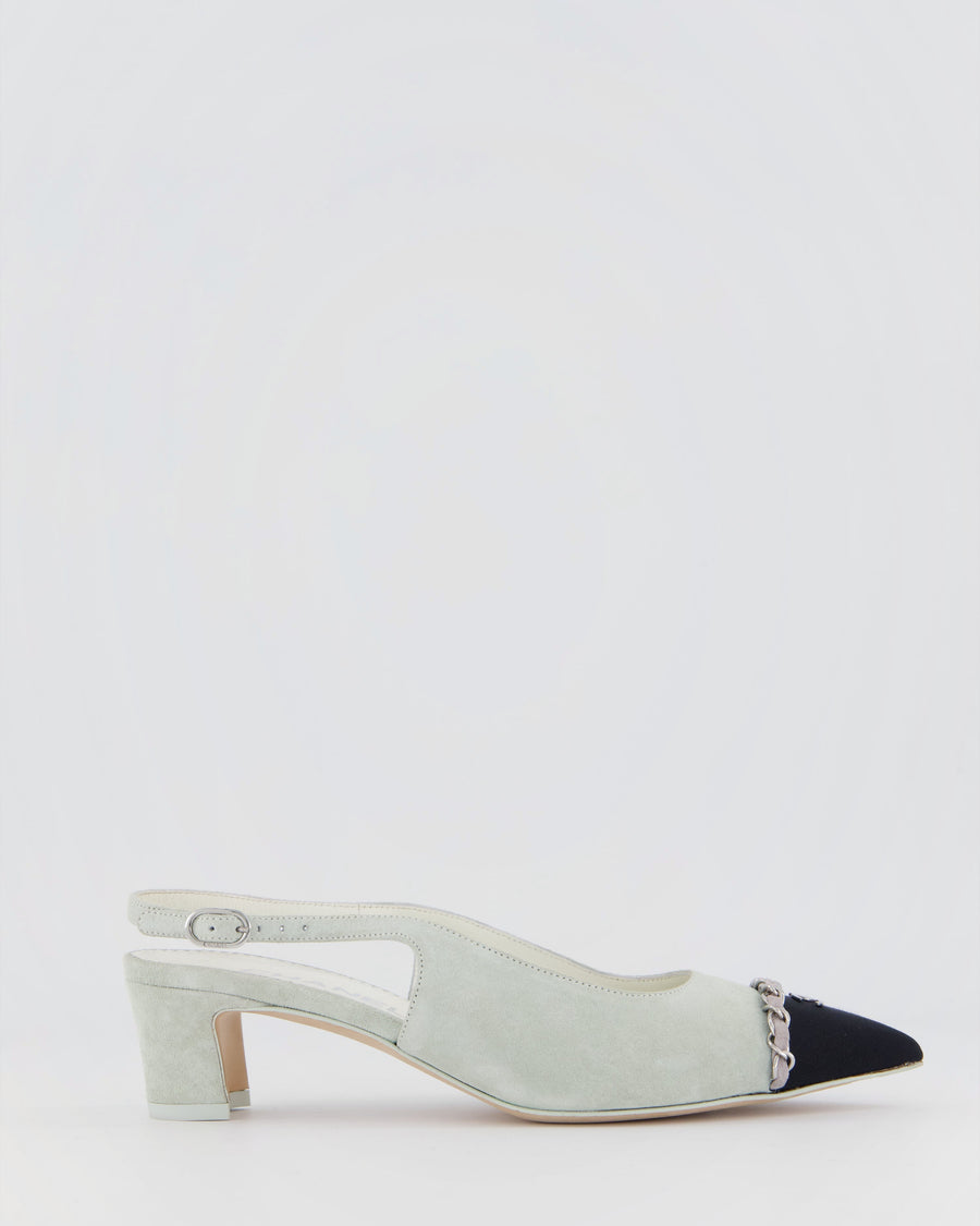 Chanel Grey, Black Suede Pointed Sling Back with Silver CC & Chain Logo Detail Size EU 37C