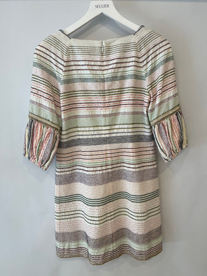 Chanel 07/P White and Multicolour Short Sleeve Striped Mini Dress with Gold Chain and CC Logo Details Size FR 38 (UK 10)