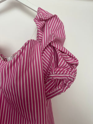 Caroline Constas Pink and White Stripe Off-Shoulder Cotton Top With Corset Detail Size S (UK 8)