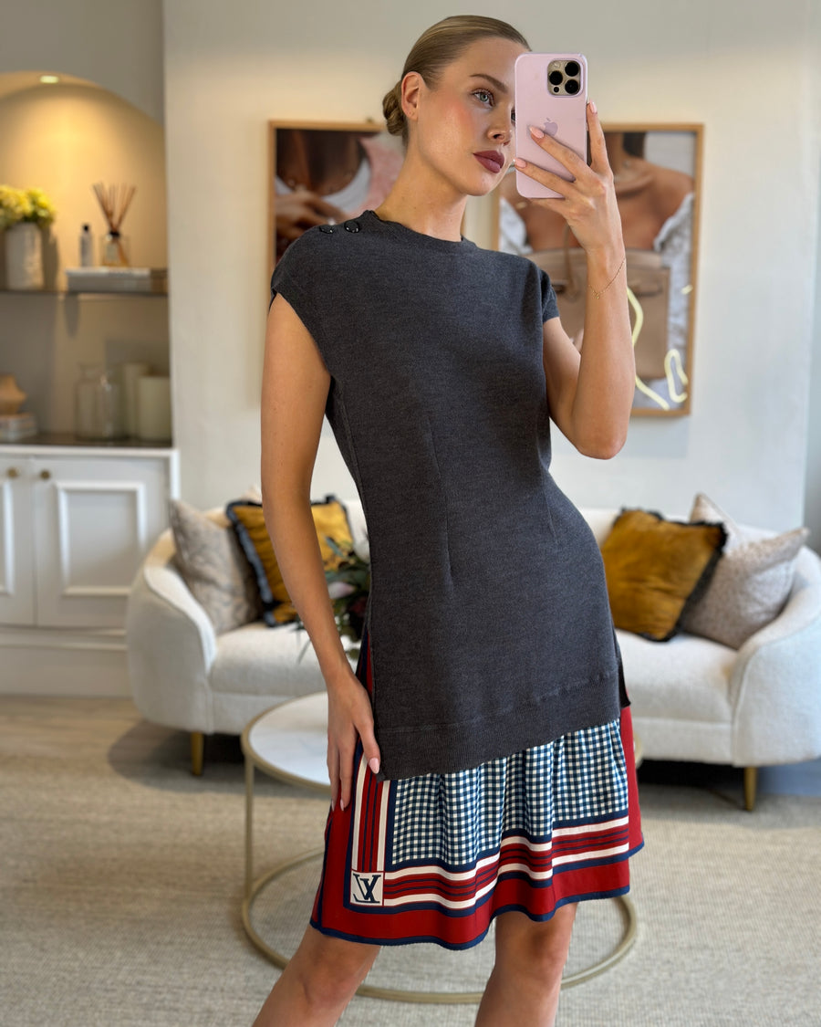 Louis Vuitton Grey Wool and Mini Dress with Blue, Red and White Printed Skirt Size S (UK 8)