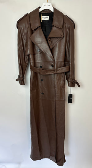 Saint Laurent Chocolate Brown Leather Maxi 'Brun Chene' Belted Trench Coat UK 10