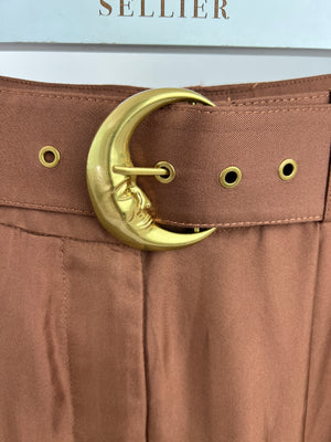 Zimmermann Brown Silk Long Sleeve Shirt and Wide Leg Trouser Set with Moon Belt Size 0 (UK 8)
