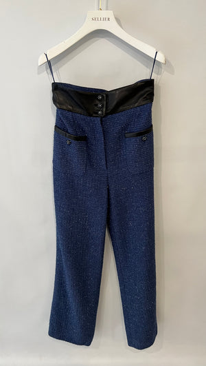 Chanel Cruise 2019 Blue Tweed Cropped Jacket and Trousers Set with CC Logo Buttons and Black Leather Trims Size FR 36/38 (UK 8/10)