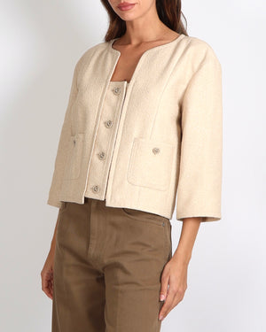 Chanel Cruise 2014 Beige and Metallic Gold Jacket with Gold CC Logo Buttons Size FR 42 (UK 14)