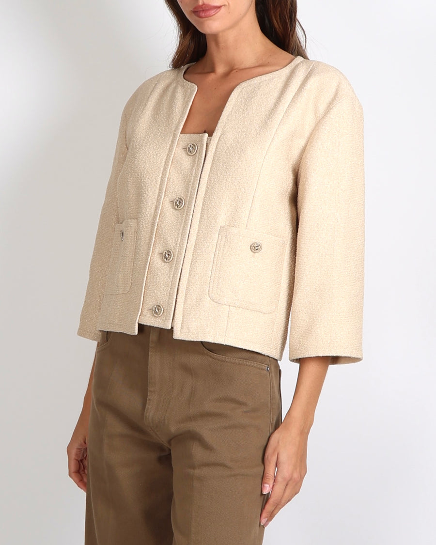 Chanel Cruise 2014 Beige and Metallic Gold Jacket with Gold CC Logo Buttons Size FR 42 (UK 14)