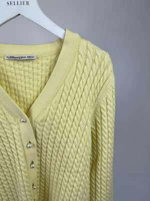 Alessandra Rich Pastel Yellow Cable Knit Long Sleeve Cardigan with Pearl Buttons Size IT 38 (UK 6)