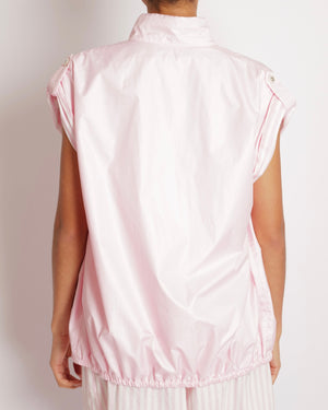 Chanel Pink Short Sleeved Jacket with White and Pink Striped Details and White Pearl and Silver CC Logo Buttons Size FR 36 (UK 8)