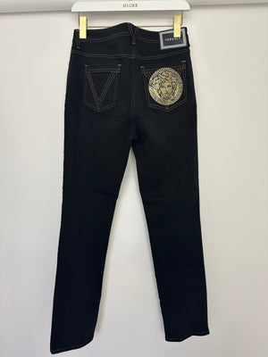 Versace Dark Black Denim Medusa '95 Jeans with Gold Logo Detail Waist 29 (UK 12)