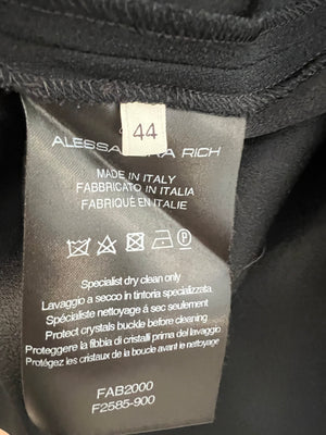 Alessandra Rich Black Midi Dress with White Collar and Cuff Details and Crystal Belt Buckle Size IT 44 (UK 12)