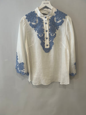 Zimmermann White Linen Raie Top with Light Blue Embroidered Lace Detail Size 2 (UK 12)