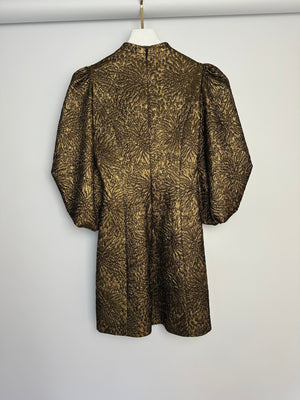Andrew GN Belted Gold Metallic Puff Sleeve Mini Dress Size FR 38 (UK 10)