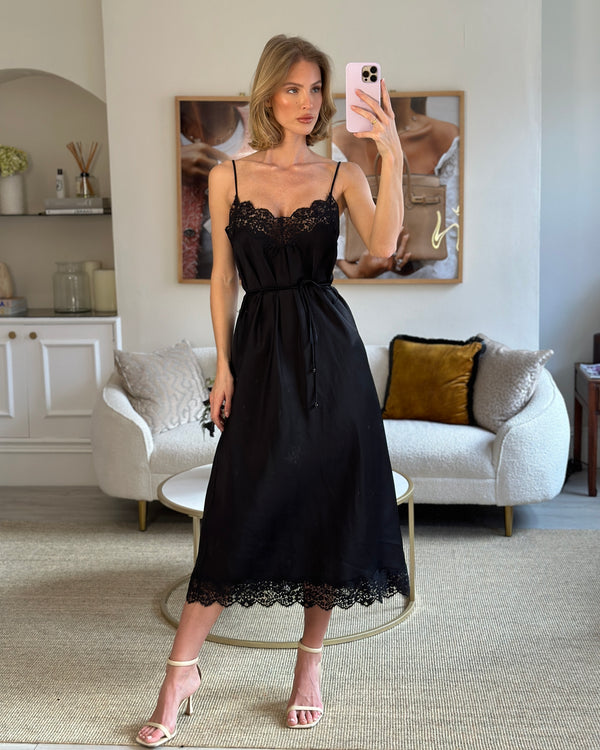 Zimmermann Black Lace Panel Slip Midi Dress with Tie Waist Detail Size 1 (UK 10)