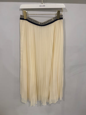 Ermanno Scervino Cream Pleated Maxi Skirt with Lace Details and Navy Logo Waistband Size IT 44 (UK 12)