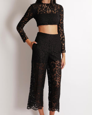 Valentino Black Lace Long-Sleeved Crop Top and Wide Trousers Set Size 40 (UK 8)