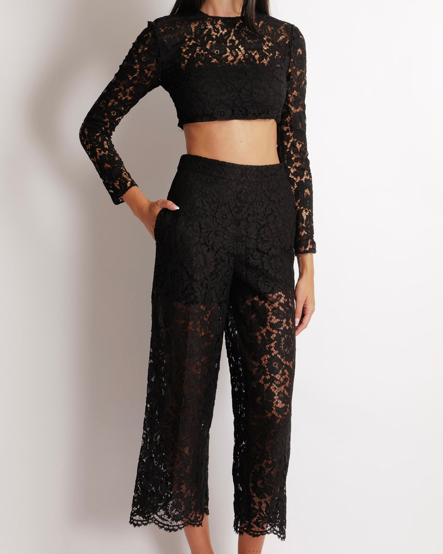 Valentino Black Lace Long-Sleeved Crop Top and Wide Trousers Set Size 40 (UK 8)
