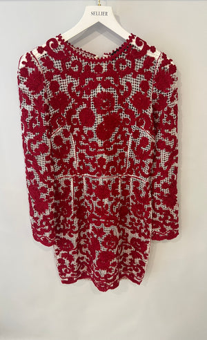 Dolce & Gabbana Red and White Crochet Long Sleeved Mini Dress Size IT 42 (UK 10)