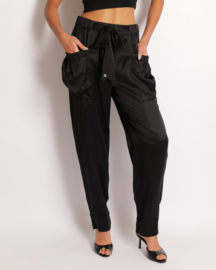 Chanel Black Silk Trousers with Bow and Crystal CC Logo Detail Size FR 36 (UK 8)